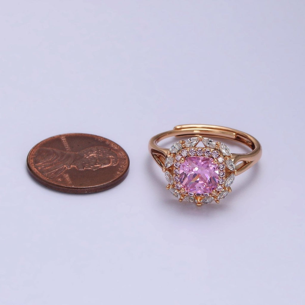18K Gold plated Pink CZ Square Clear Micro Paved Marquise Adjustable Ring | Y-585 - DLUXCA