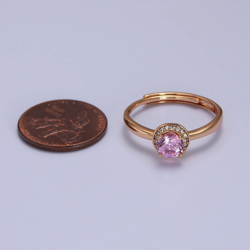18K Gold plated Pink Round Clear Micro Paved CZ Adjustable Ring | Y-587 - DLUXCA