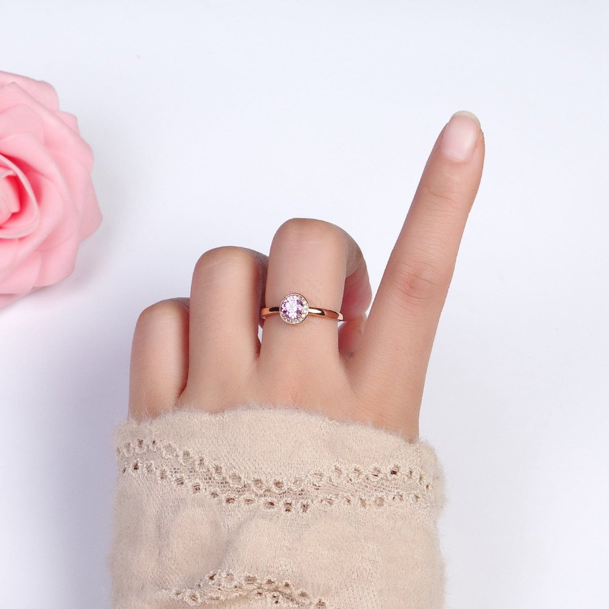 18K Gold plated Pink Round Clear Micro Paved CZ Adjustable Ring | Y-587 - DLUXCA