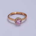 18K Gold plated Pink Round Clear Micro Paved CZ Adjustable Ring | Y-587 - DLUXCA