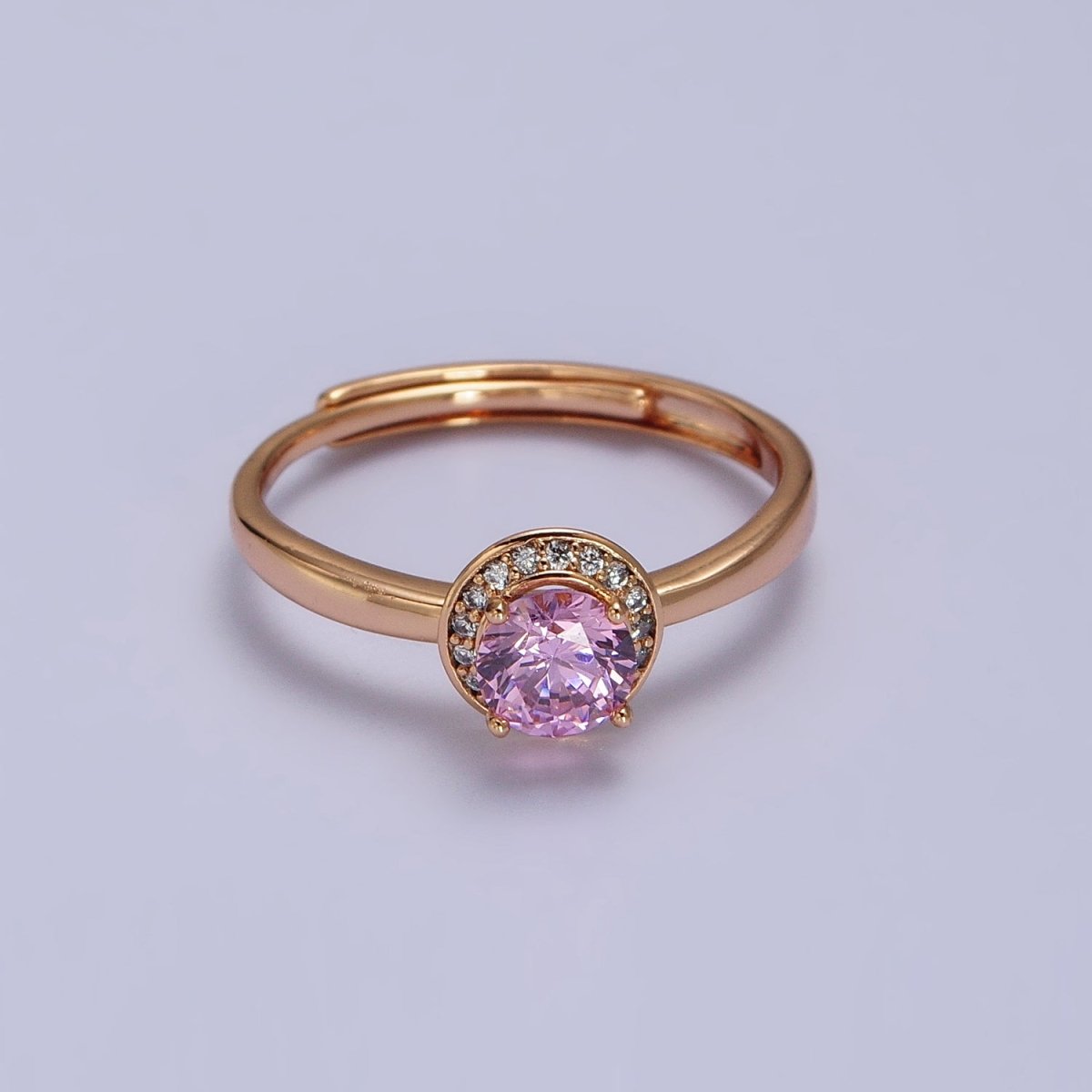 18K Gold plated Pink Round Clear Micro Paved CZ Adjustable Ring | Y-587 - DLUXCA
