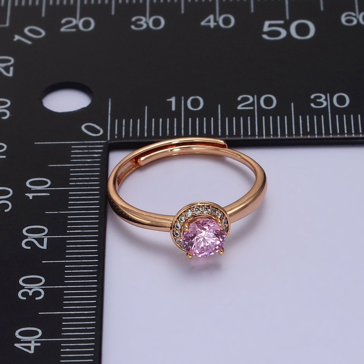 18K Gold plated Pink Round Clear Micro Paved CZ Adjustable Ring | Y-587 - DLUXCA