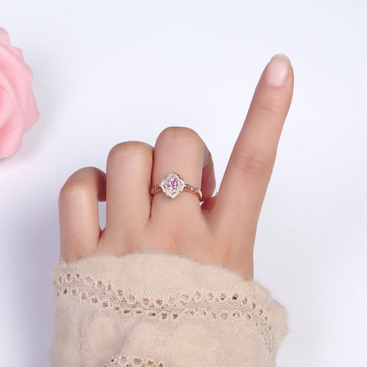 18K Gold plated Pink Square Clear Micro Paved Quatrefoil Round CZ Adjustable Ring | Y-580 - DLUXCA
