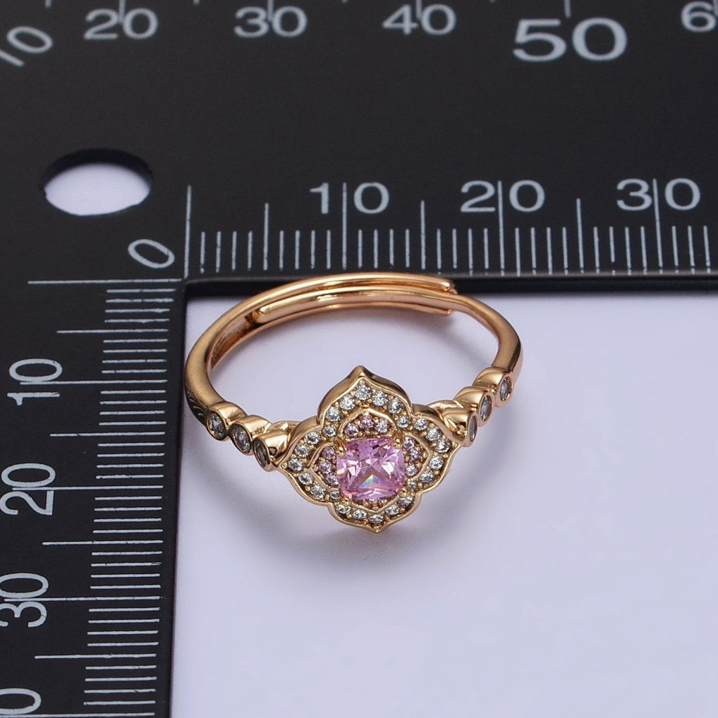 18K Gold plated Pink Square Clear Micro Paved Quatrefoil Round CZ Adjustable Ring | Y-580 - DLUXCA