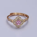 18K Gold plated Pink Square Clear Micro Paved Quatrefoil Round CZ Adjustable Ring | Y-580 - DLUXCA