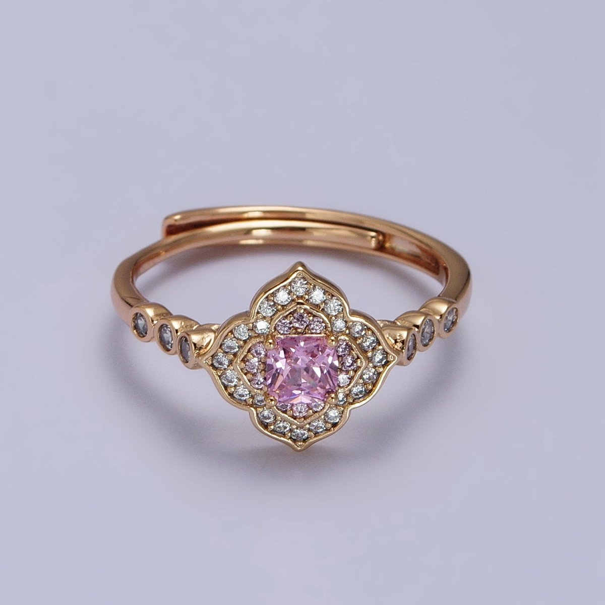 18K Gold plated Pink Square Clear Micro Paved Quatrefoil Round CZ Adjustable Ring | Y-580 - DLUXCA