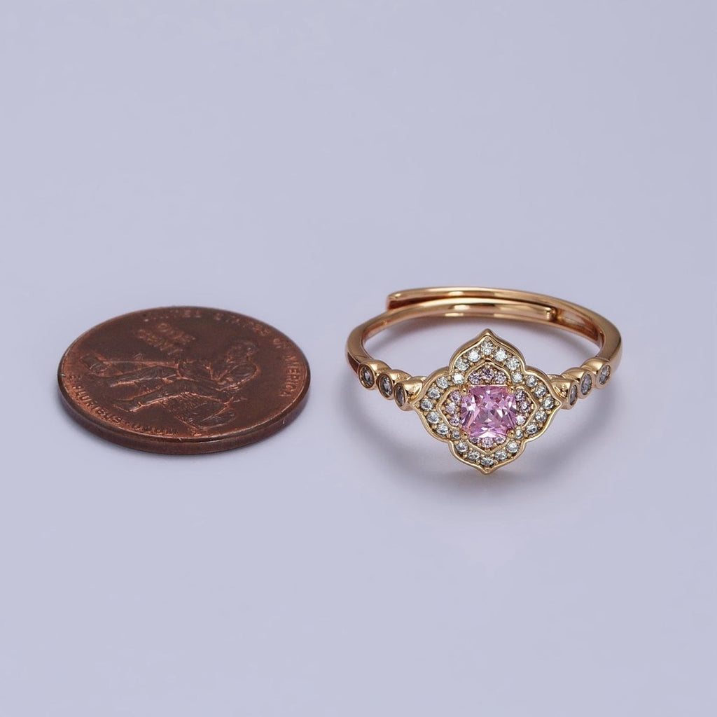 18K Gold plated Pink Square Clear Micro Paved Quatrefoil Round CZ Adjustable Ring | Y-580 - DLUXCA