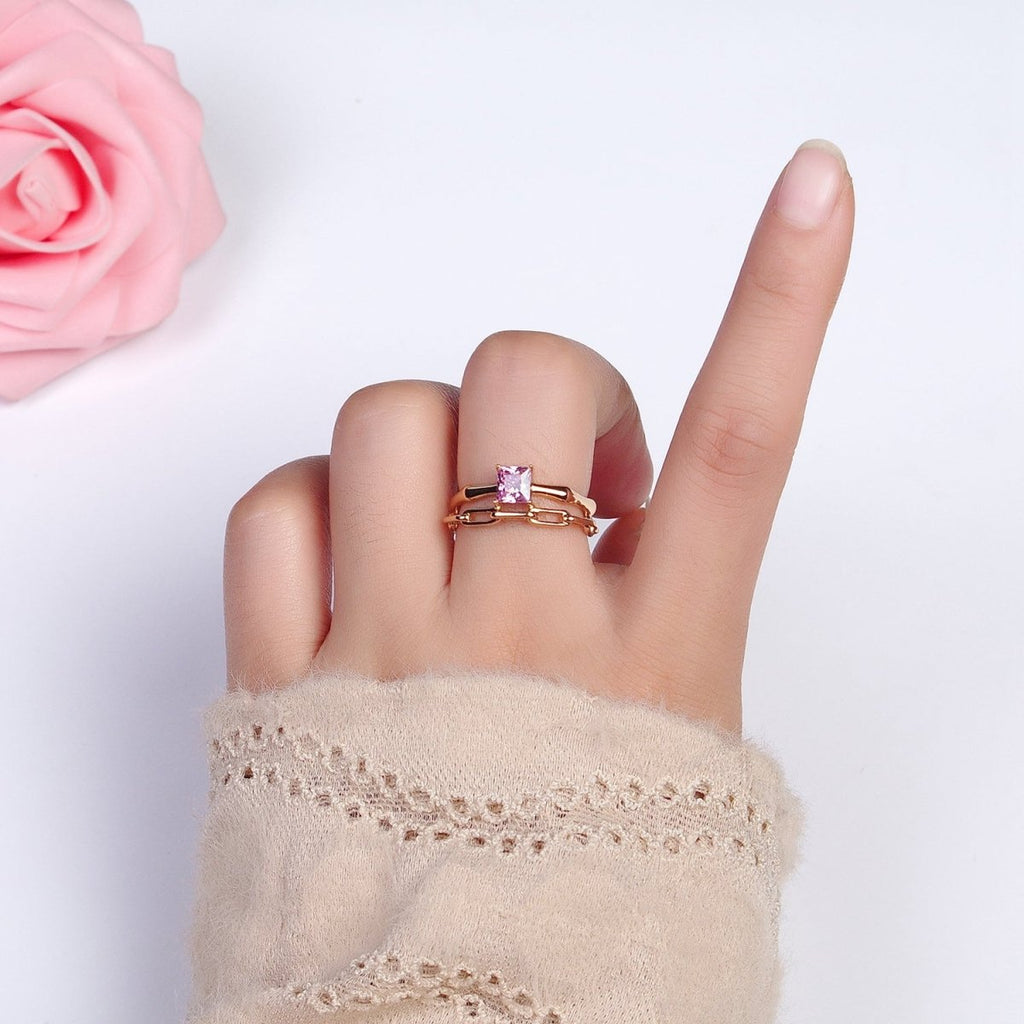 18K Gold plated Pink Square CZ Bamboo Paperclip Chain Double Band Ring | Y-589 - DLUXCA
