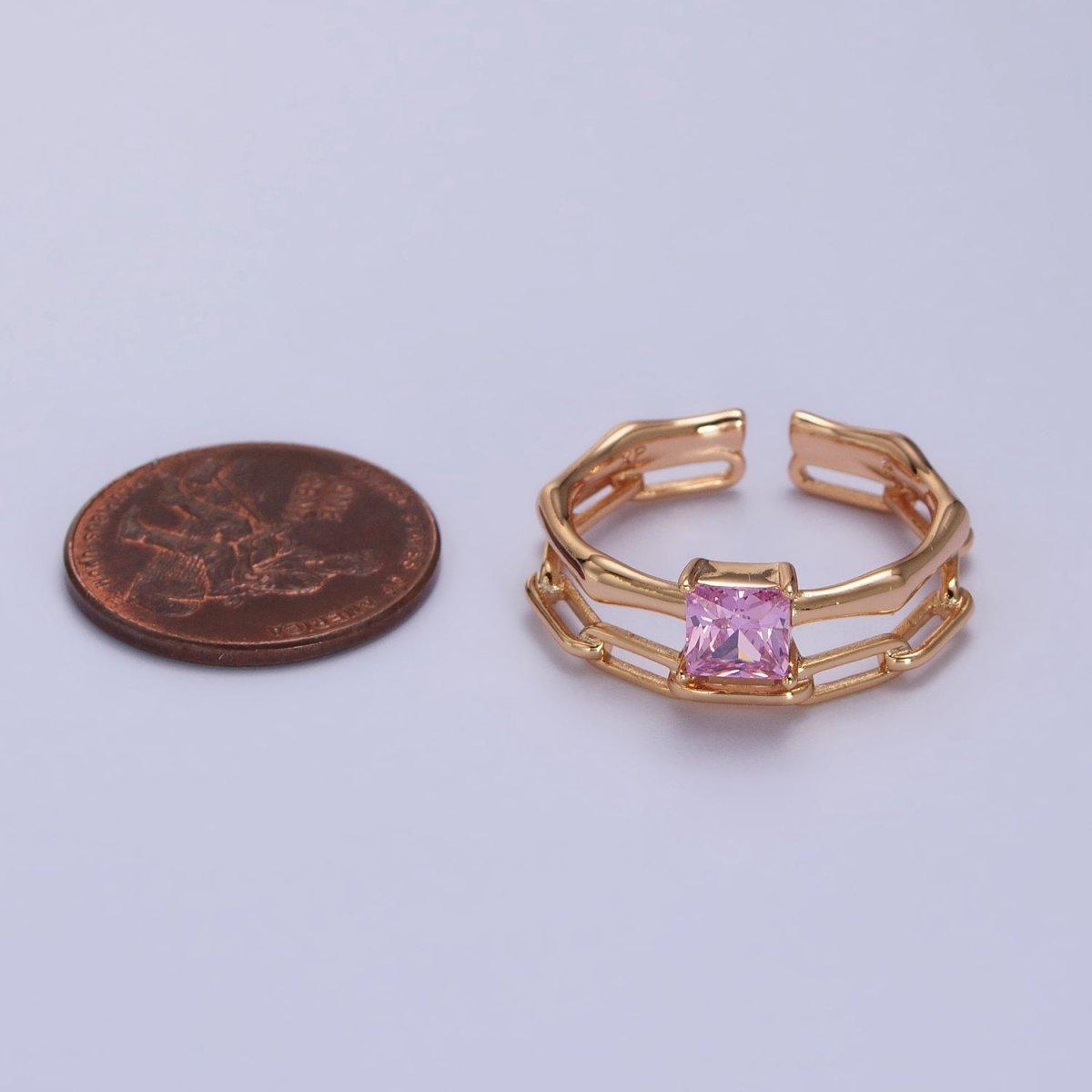 18K Gold plated Pink Square CZ Bamboo Paperclip Chain Double Band Ring | Y-589 - DLUXCA