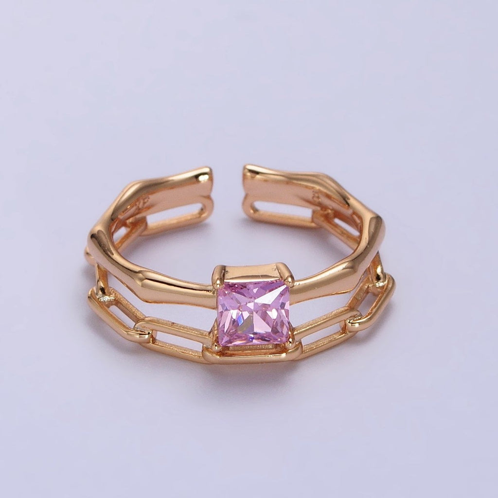 18K Gold plated Pink Square CZ Bamboo Paperclip Chain Double Band Ring | Y-589 - DLUXCA