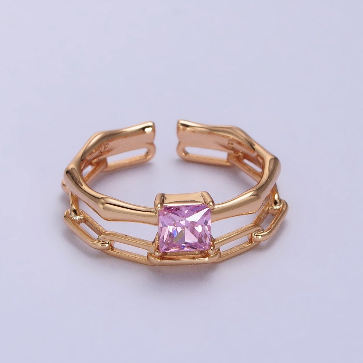 18K Gold plated Pink Square CZ Bamboo Paperclip Chain Double Band Ring | Y-589 - DLUXCA