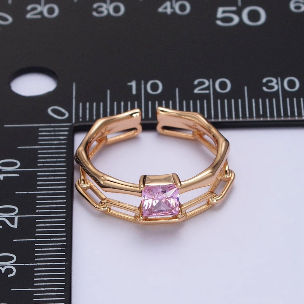 18K Gold plated Pink Square CZ Bamboo Paperclip Chain Double Band Ring | Y-589 - DLUXCA