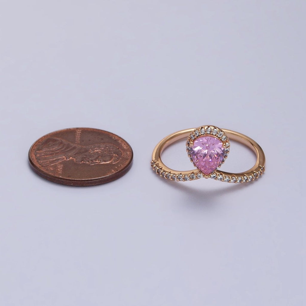 18K Gold plated Pink Teardrop CZ Micro Paved Chevron Adjustable Ring | Y-590 - DLUXCA
