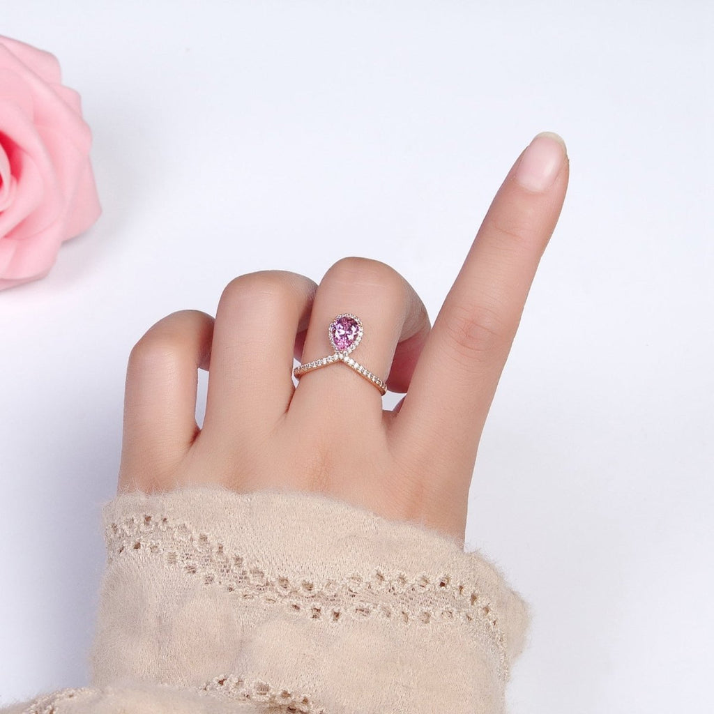 18K Gold plated Pink Teardrop CZ Micro Paved Chevron Adjustable Ring | Y-590 - DLUXCA