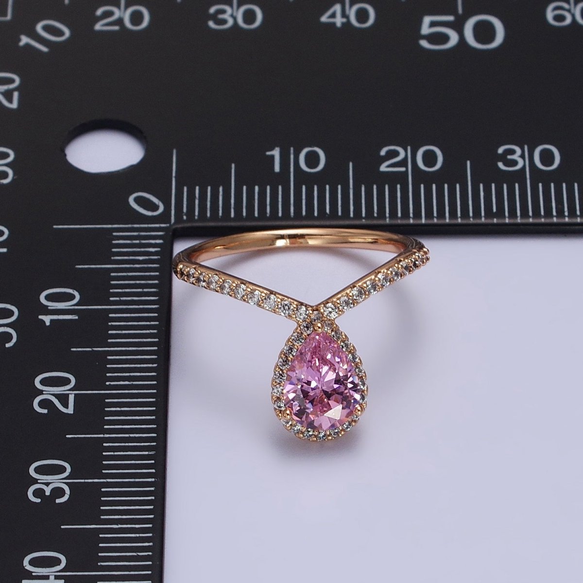 18K Gold plated Pink Teardrop CZ Micro Paved Chevron Adjustable Ring | Y-590 - DLUXCA