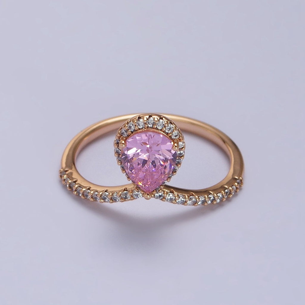 18K Gold plated Pink Teardrop CZ Micro Paved Chevron Adjustable Ring | Y-590 - DLUXCA