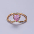 18K Gold plated Pink Teardrop CZ Micro Paved Chevron Adjustable Ring | Y-590 - DLUXCA