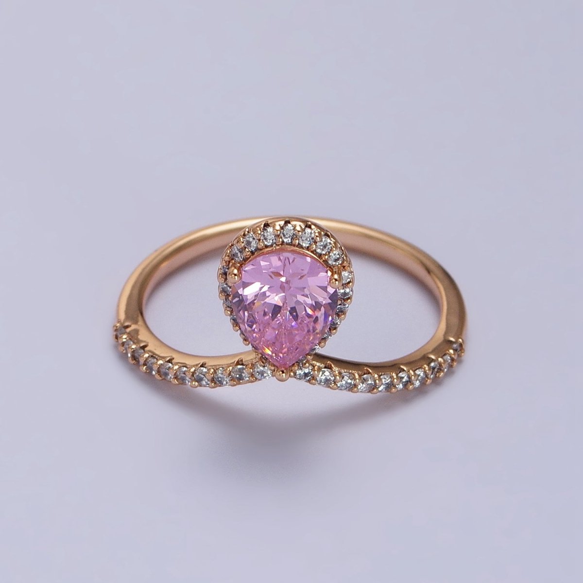 18K Gold plated Pink Teardrop CZ Micro Paved Chevron Adjustable Ring | Y-590 - DLUXCA