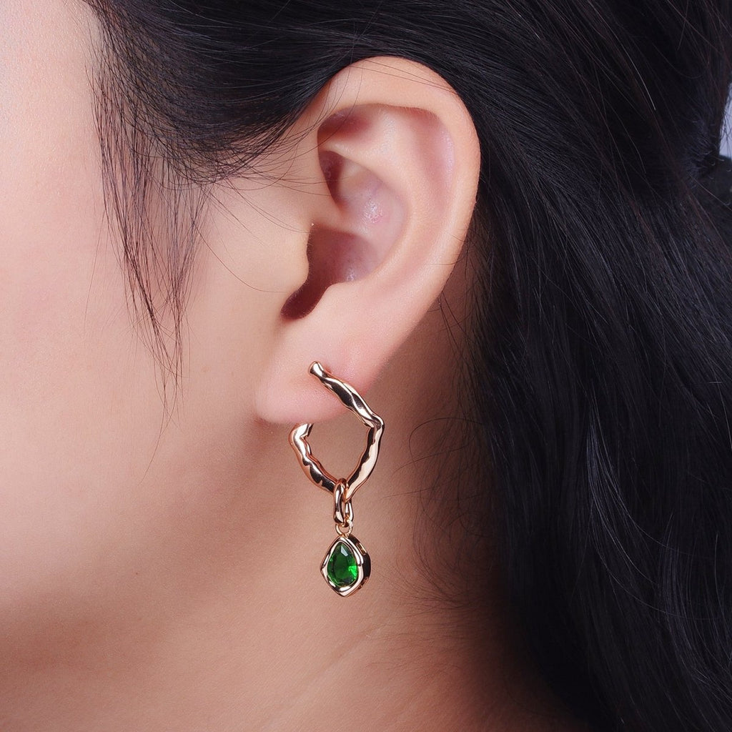 18K Gold plated Purple, Clear, Green, Pink Teardrop CZ Rhombus Dangle Earrings | V-009 - V-010