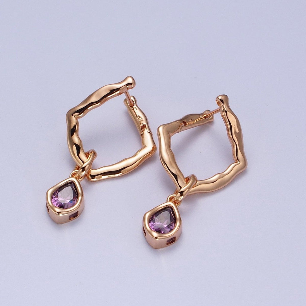 18K Gold plated Purple, Clear, Green, Pink Teardrop CZ Rhombus Dangle Earrings | V-009 - V-010