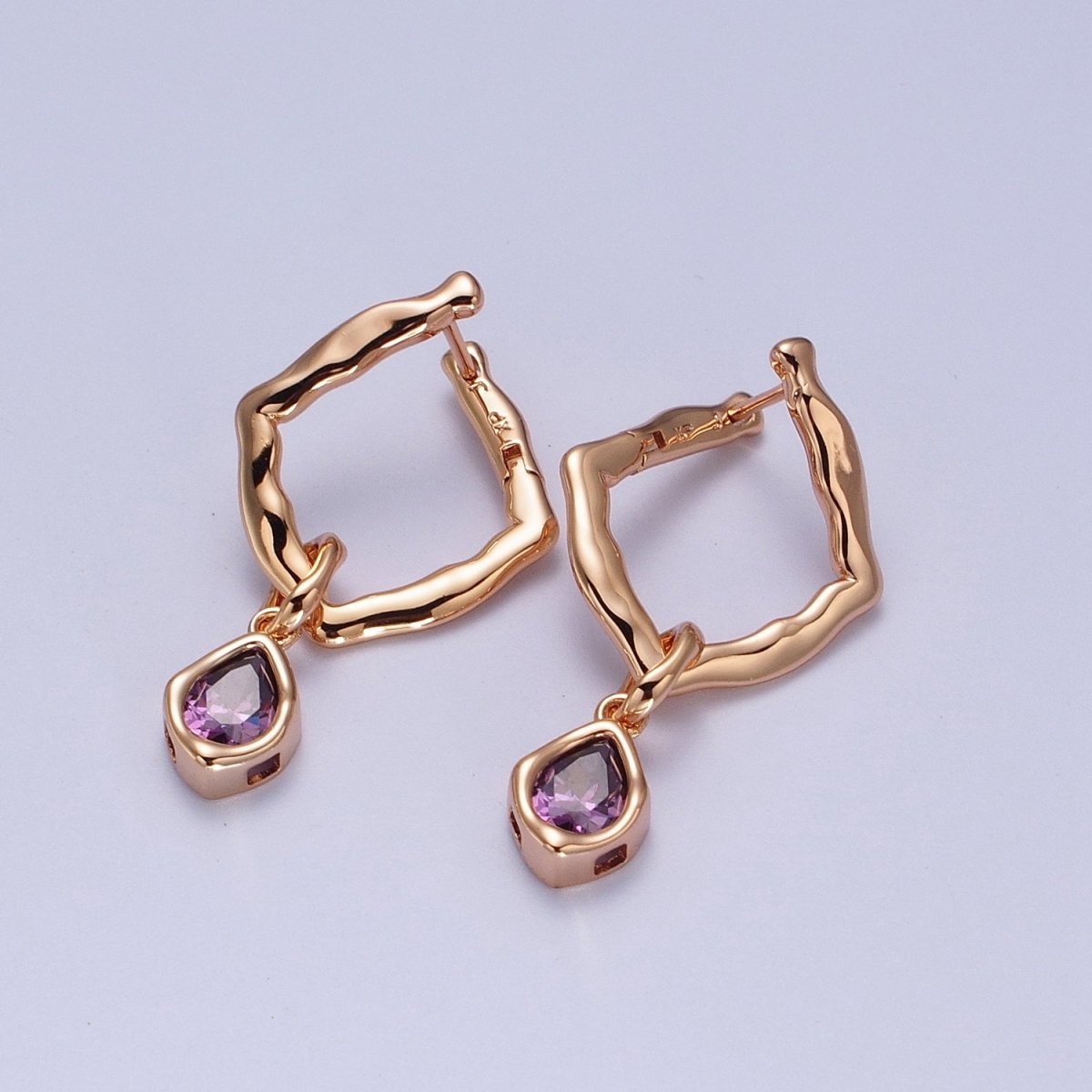 18K Gold plated Purple, Clear, Green, Pink Teardrop CZ Rhombus Dangle Earrings | V-009 - V-010