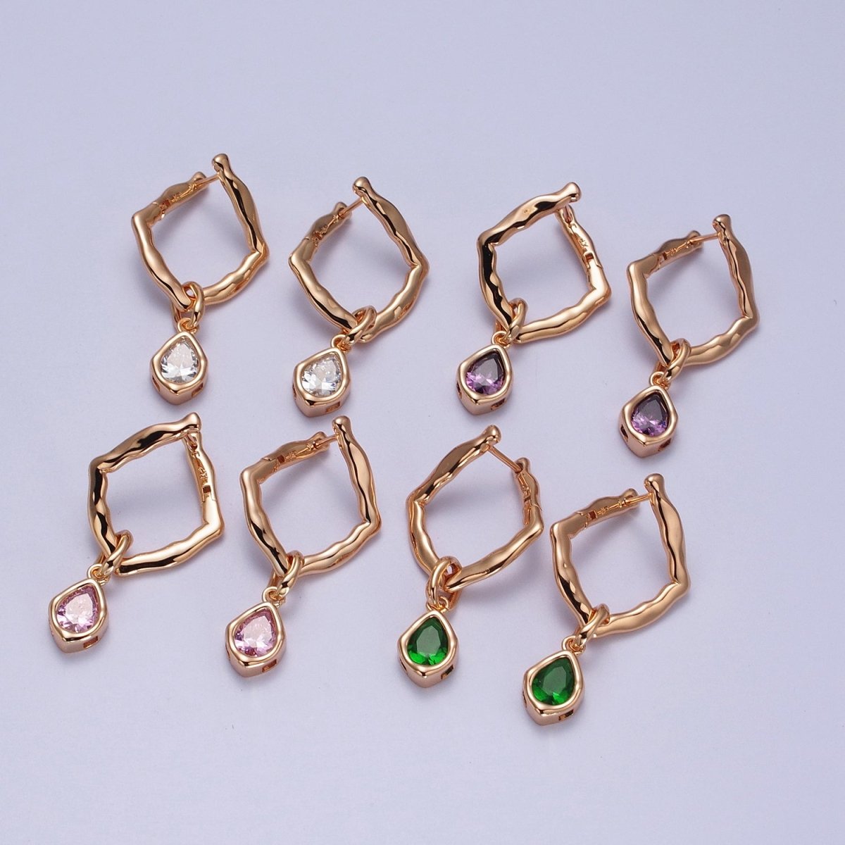 18K Gold plated Purple, Clear, Green, Pink Teardrop CZ Rhombus Dangle Earrings | V-009 - V-010