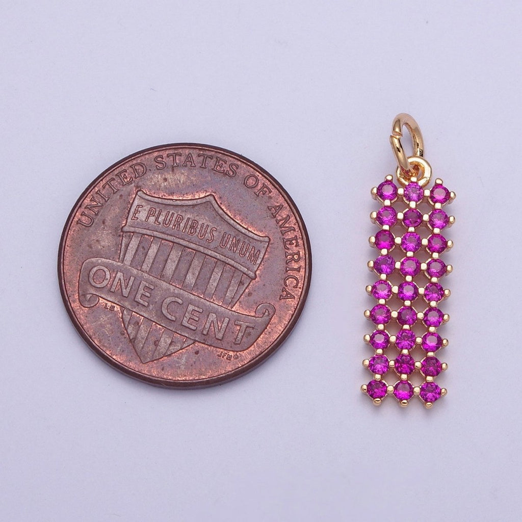 18K Gold plated Purple, Fuchsia, Pink, Green, Blue, Clear Micro Paved CZ Rectangle Bar Charm | X-168 - X-173