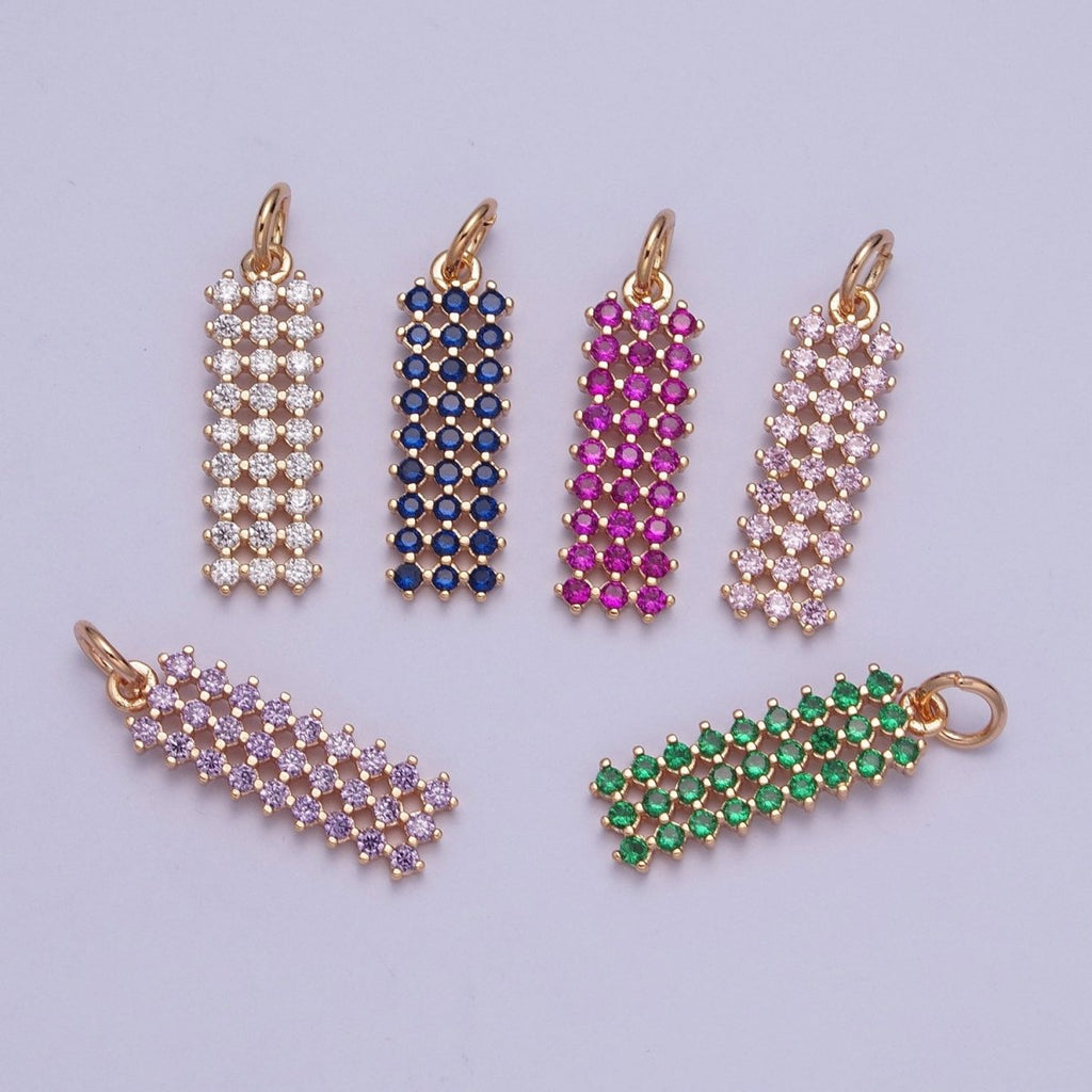 18K Gold plated Purple, Fuchsia, Pink, Green, Blue, Clear Micro Paved CZ Rectangle Bar Charm | X-168 - X-173