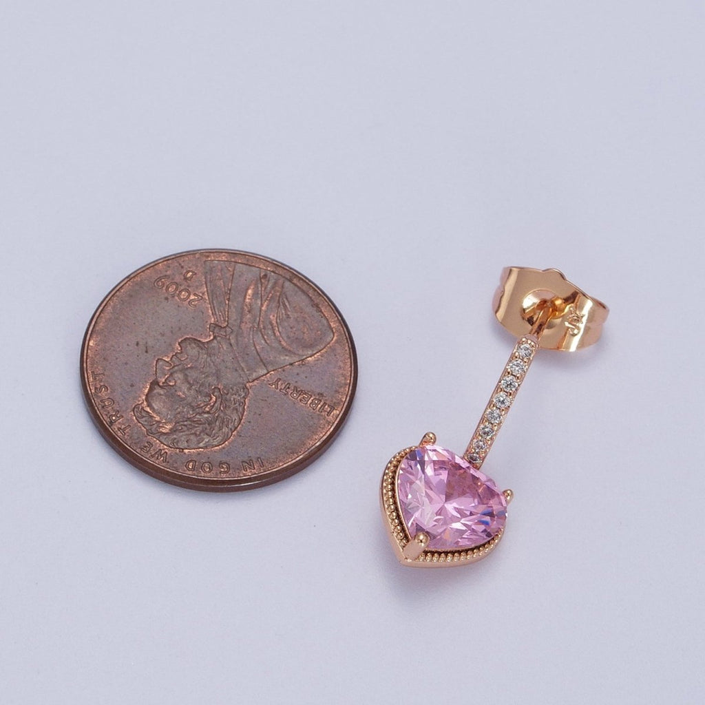 18K Gold plated Purple, Pink Heart CZ Drop Micro Paved Bar Stud Earrings | V-001