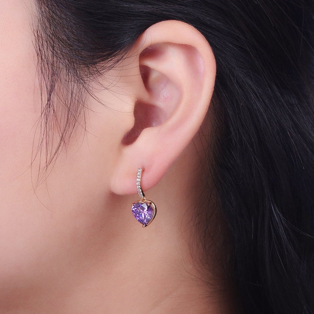 18K Gold plated Purple, Pink Heart CZ Drop Micro Paved Bar Stud Earrings | V-001