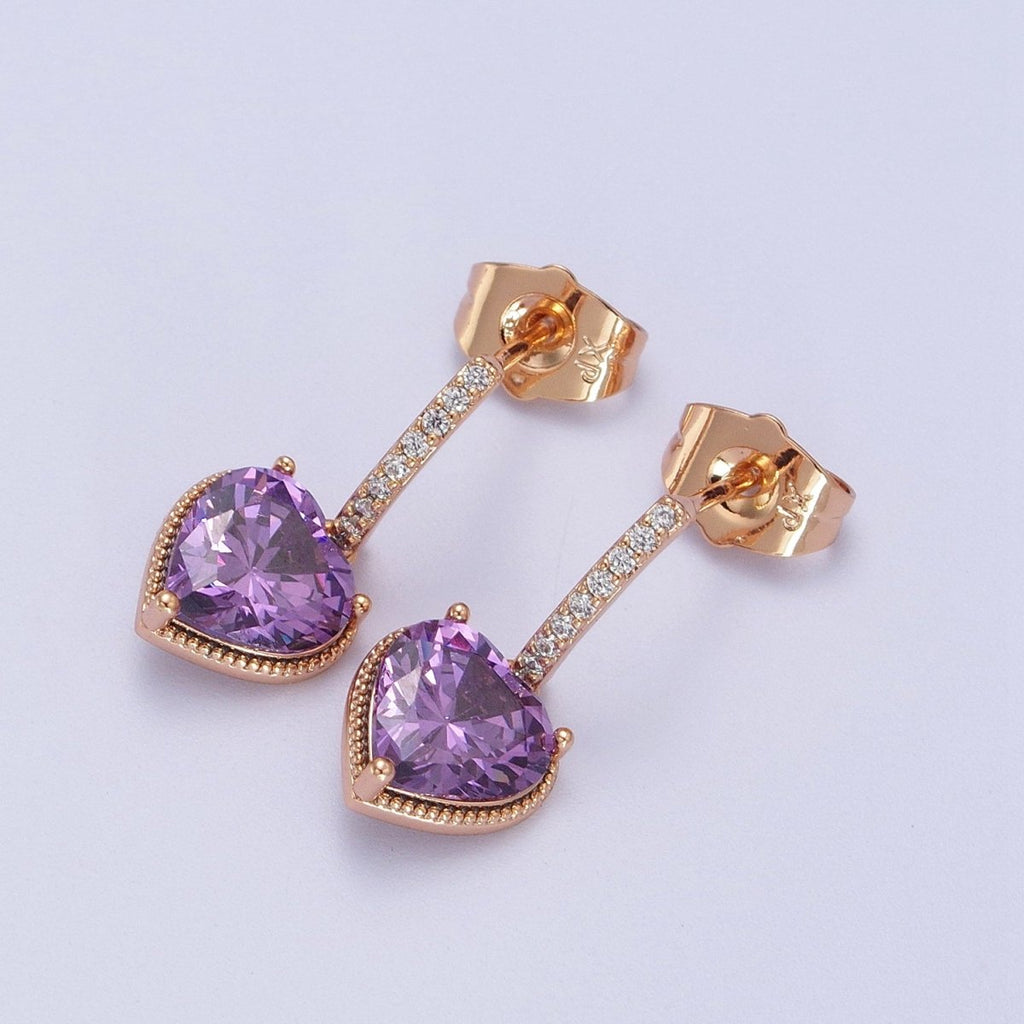 18K Gold plated Purple, Pink Heart CZ Drop Micro Paved Bar Stud Earrings | V-001