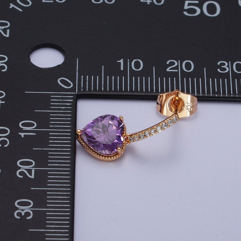 18K Gold plated Purple, Pink Heart CZ Drop Micro Paved Bar Stud Earrings | V-001