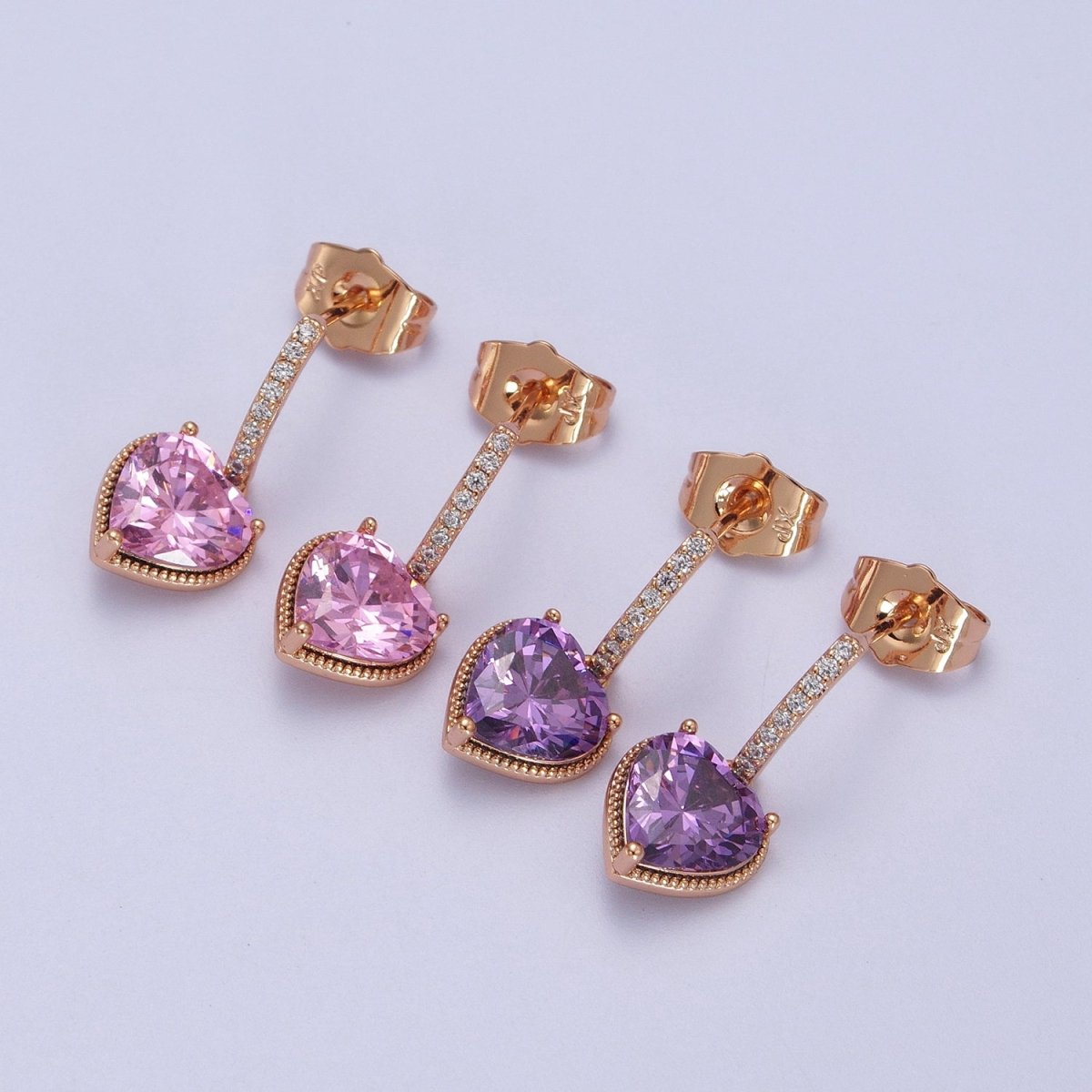 18K Gold plated Purple, Pink Heart CZ Drop Micro Paved Bar Stud Earrings | V-001