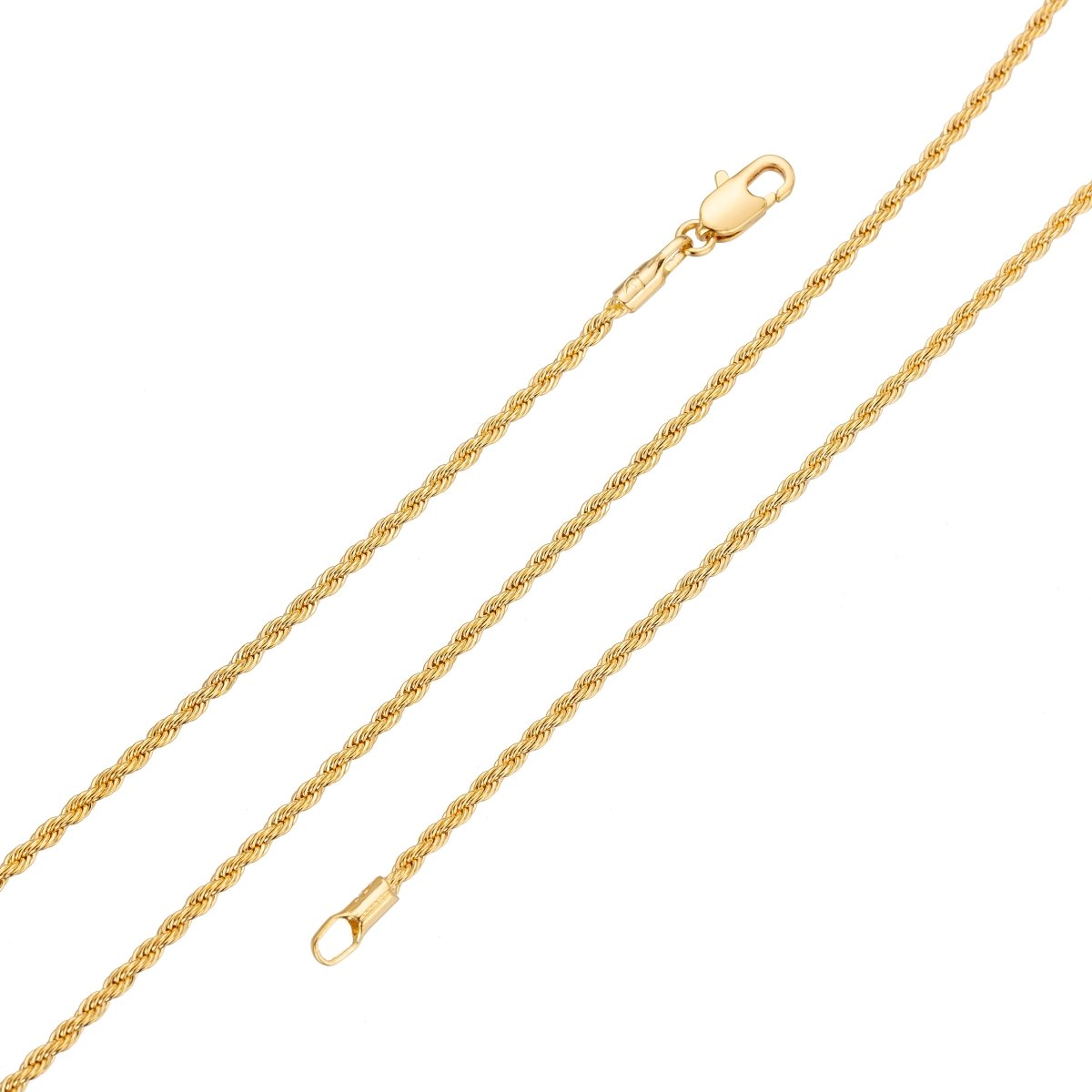 18K Gold plated Rope Chain Necklace, 23.5 inch Rope Finished Necklace For Jewelry Making, Dainty 2.3mm Width Rope Necklace w/ Lobster Clasps | CN-072 Clearance Pricing - DLUXCA