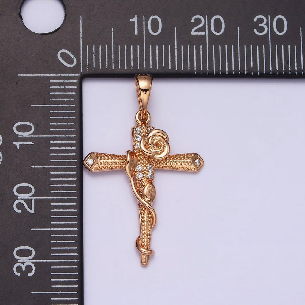 18K Gold plated Rose Flower Vine Micro Paved CZ Dotted Passion Cross Pendant | AA524 - DLUXCA