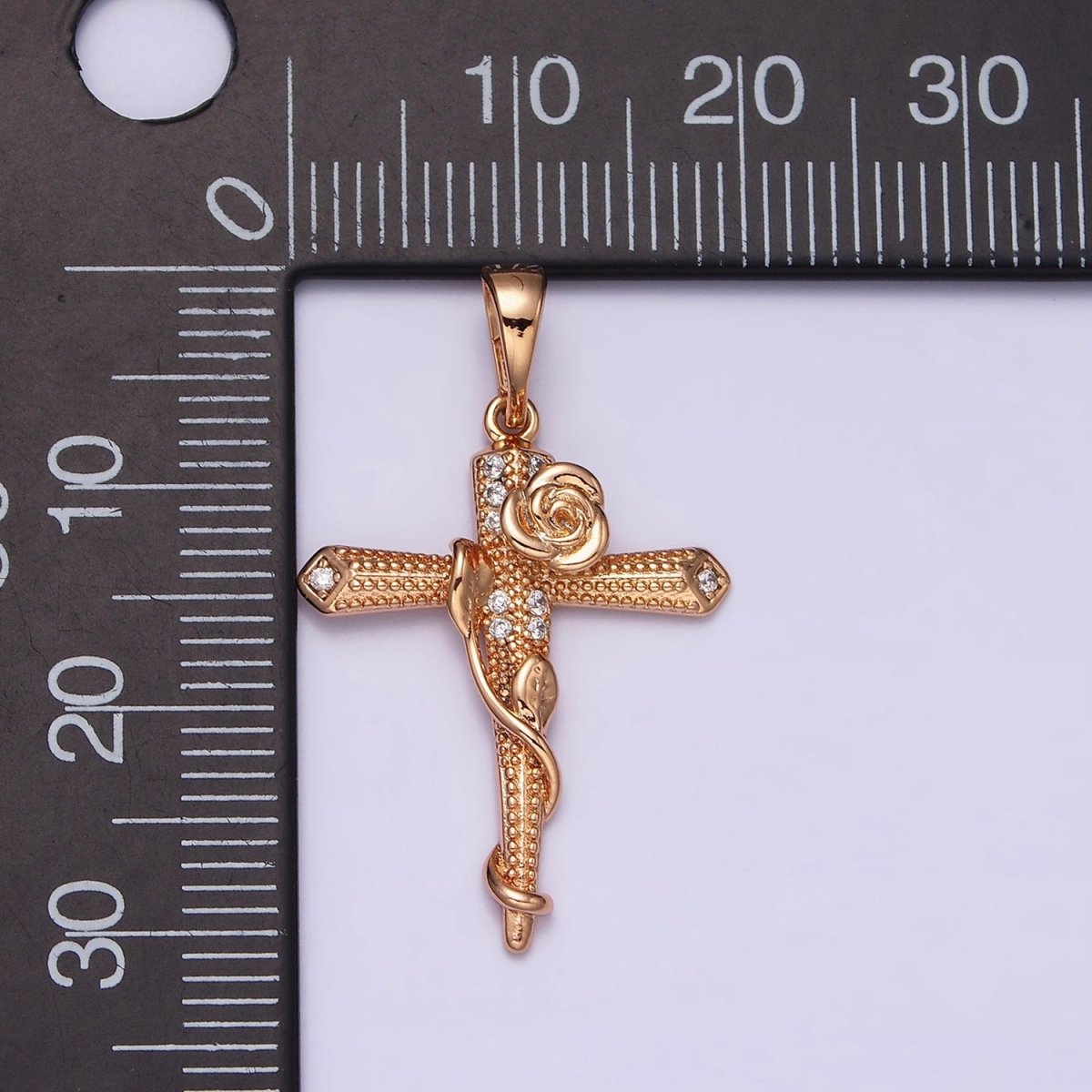 18K Gold plated Rose Flower Vine Micro Paved CZ Dotted Passion Cross Pendant | AA524 - DLUXCA