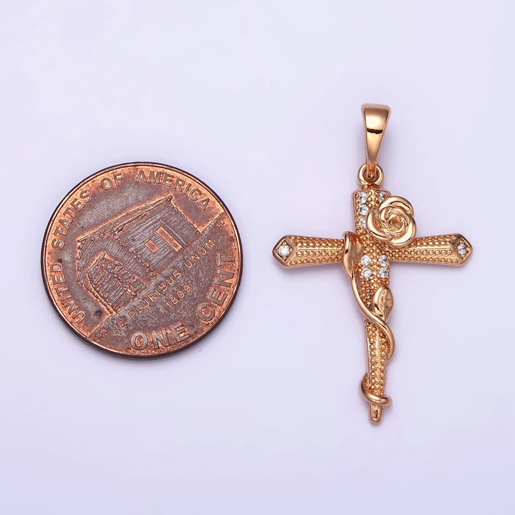 18K Gold plated Rose Flower Vine Micro Paved CZ Dotted Passion Cross Pendant | AA524 - DLUXCA
