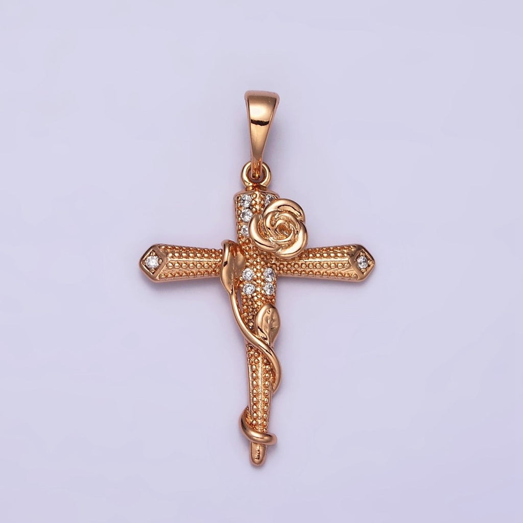 18K Gold plated Rose Flower Vine Micro Paved CZ Dotted Passion Cross Pendant | AA524 - DLUXCA