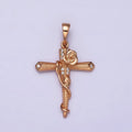 18K Gold plated Rose Flower Vine Micro Paved CZ Dotted Passion Cross Pendant | AA524 - DLUXCA