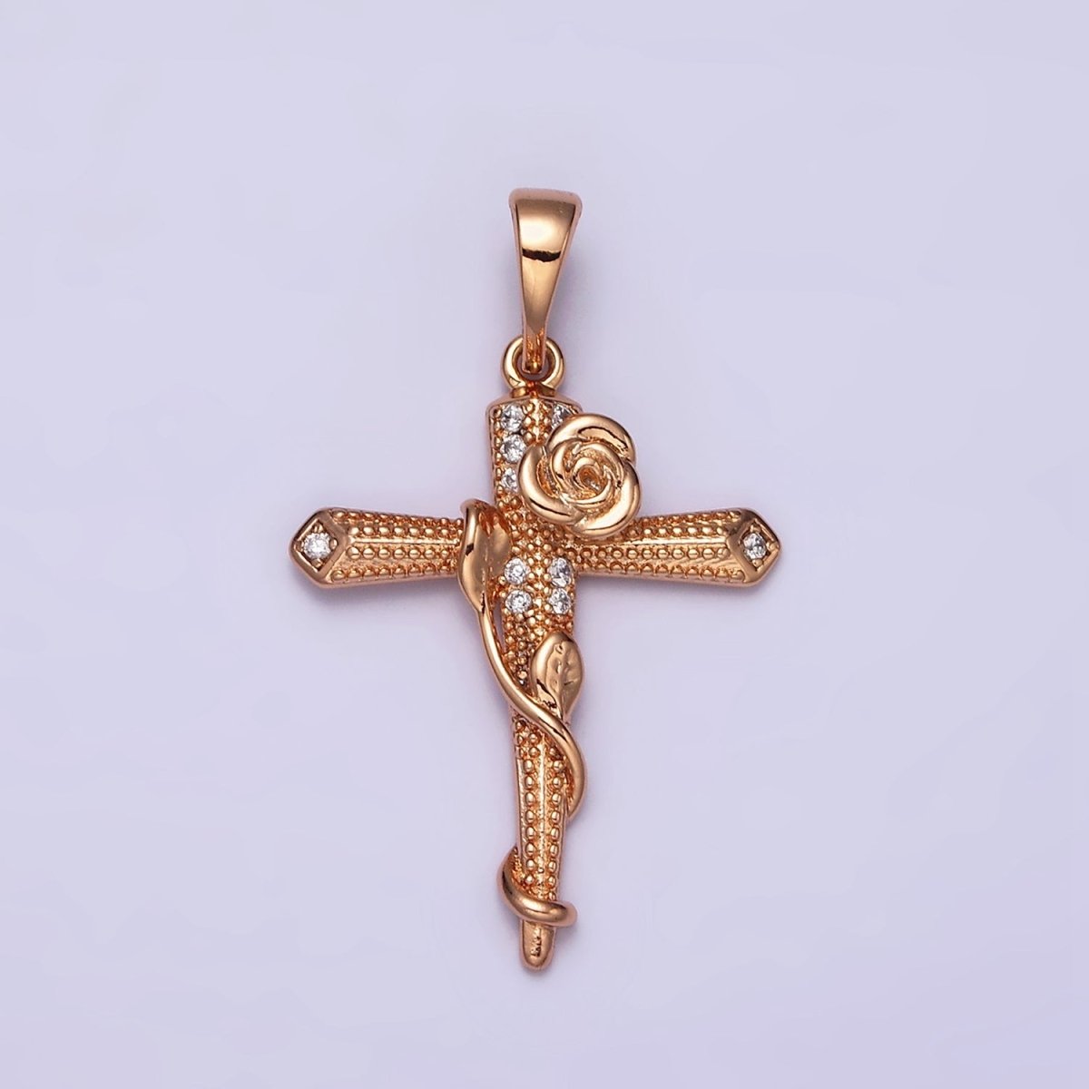 18K Gold plated Rose Flower Vine Micro Paved CZ Dotted Passion Cross Pendant | AA524 - DLUXCA