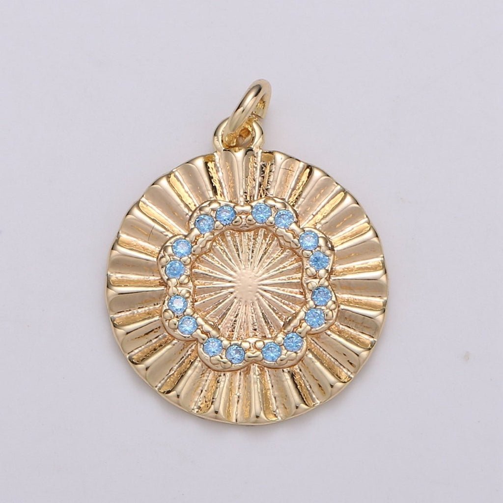 18k Gold plated Round Circle CZ Pave Cubic Zirconia Disc Charm Coin Medallion 15mm with Blue Pink Cz Stone D-875 - DLUXCA