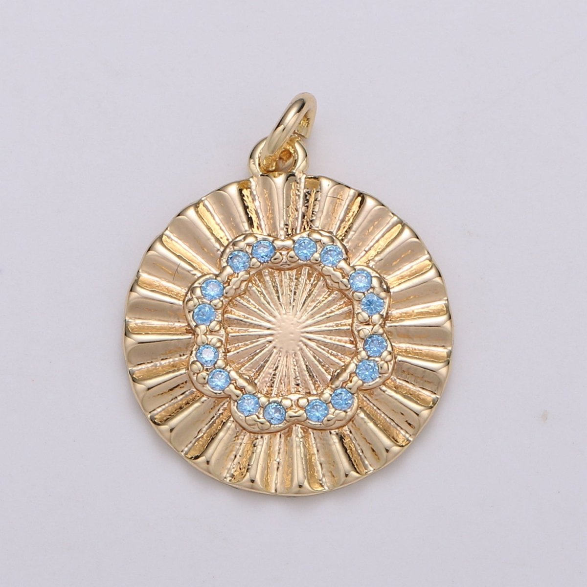 18k Gold plated Round Circle CZ Pave Cubic Zirconia Disc Charm Coin Medallion 15mm with Blue Pink Cz Stone D-875 - DLUXCA