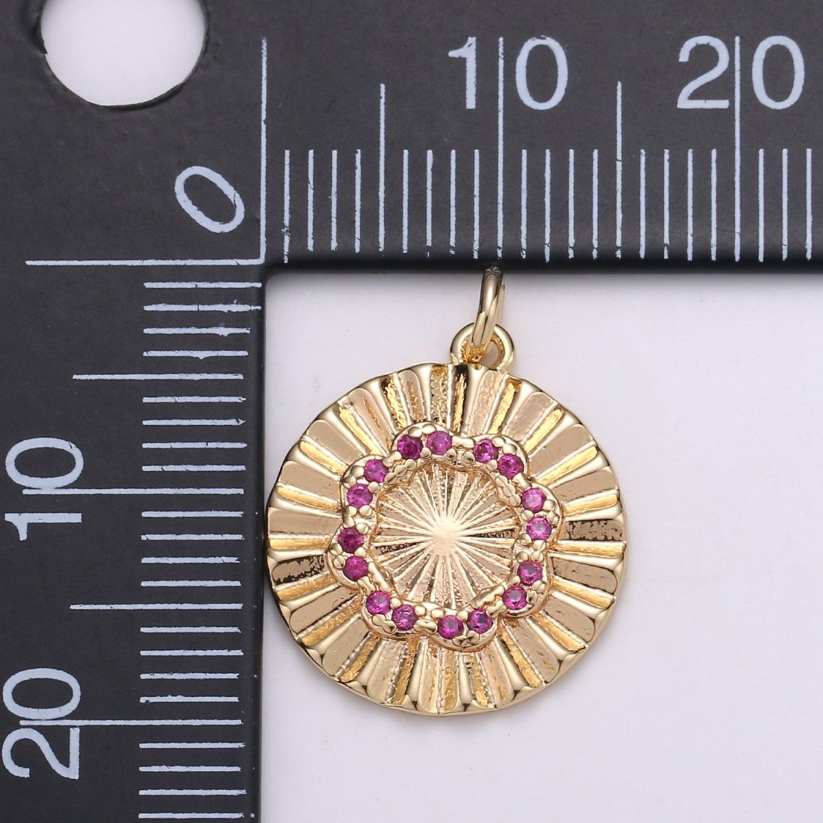 18k Gold plated Round Circle CZ Pave Cubic Zirconia Disc Charm Coin Medallion 15mm with Blue Pink Cz Stone D-876 - DLUXCA
