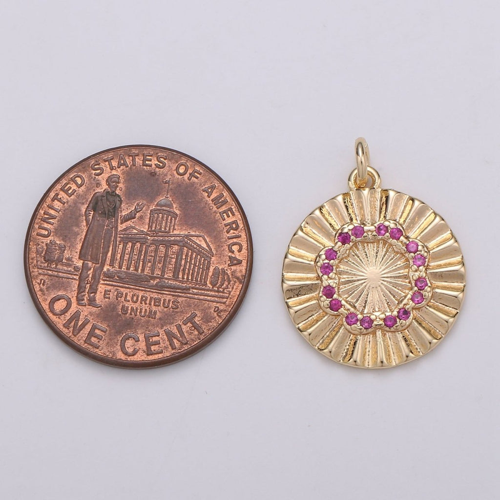 18k Gold plated Round Circle CZ Pave Cubic Zirconia Disc Charm Coin Medallion 15mm with Blue Pink Cz Stone D-876 - DLUXCA