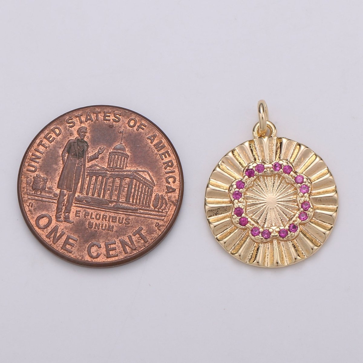 18k Gold plated Round Circle CZ Pave Cubic Zirconia Disc Charm Coin Medallion 15mm with Blue Pink Cz Stone D-876 - DLUXCA