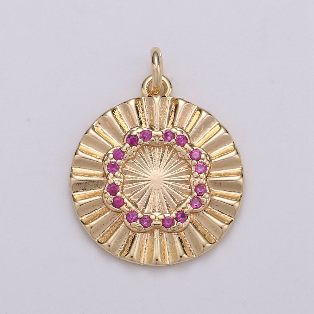 18k Gold plated Round Circle CZ Pave Cubic Zirconia Disc Charm Coin Medallion 15mm with Blue Pink Cz Stone D-876 - DLUXCA
