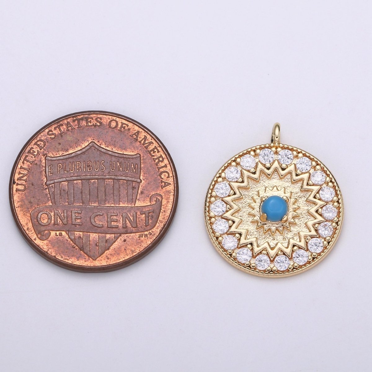 18k Gold plated Round Micro Pave Charm Turquoise Pendant, MoonStone charms for Medallion necklace Component Supply Jewelry Making E-143