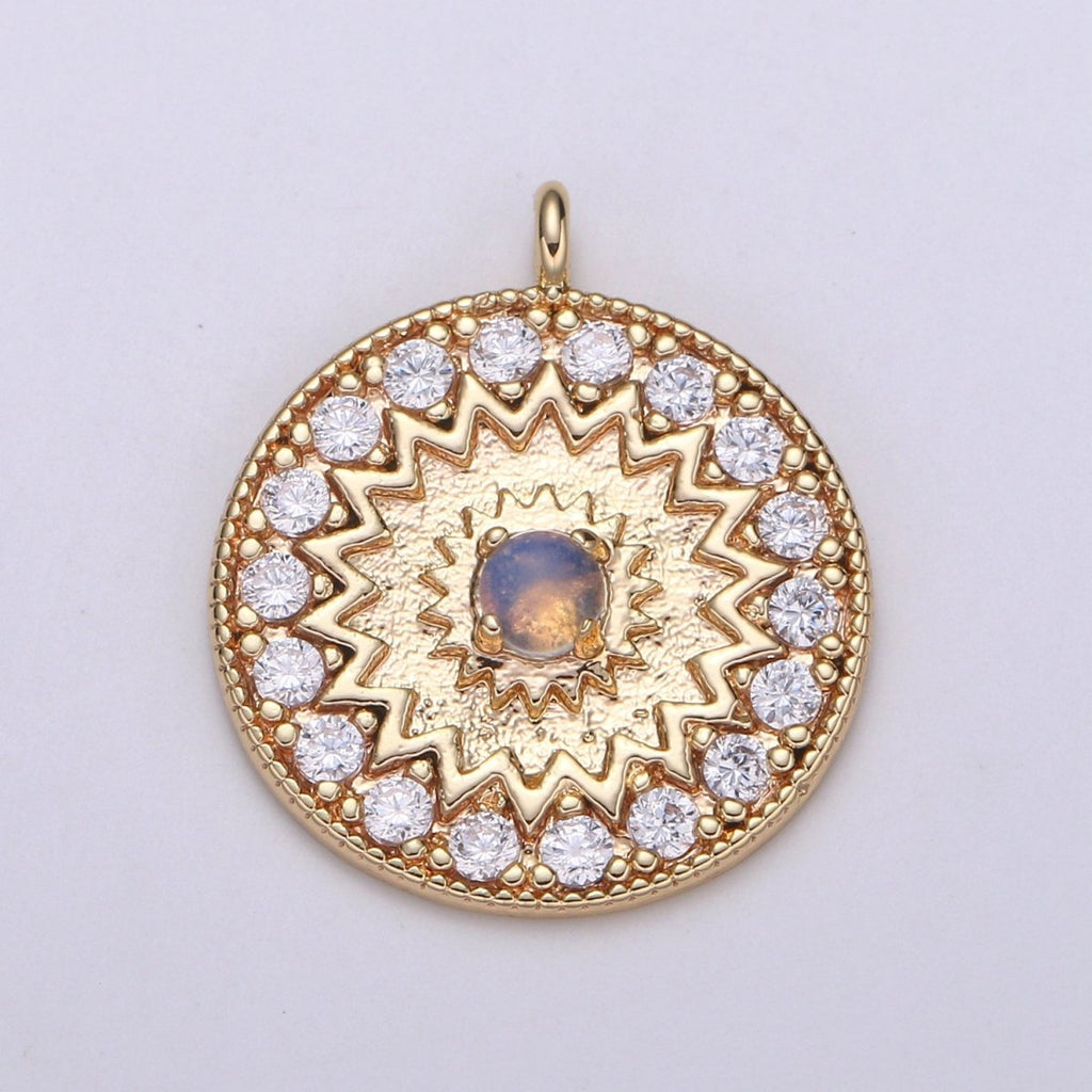 18k Gold plated Round Micro Pave Charm Turquoise Pendant, MoonStone charms for Medallion necklace Component Supply Jewelry Making E-143