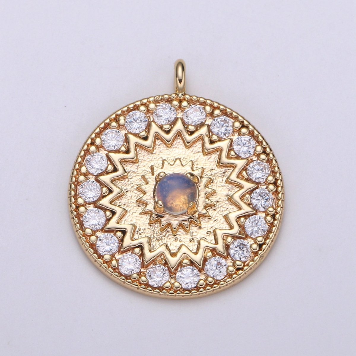 18k Gold plated Round Micro Pave Charm Turquoise Pendant, MoonStone charms for Medallion necklace Component Supply Jewelry Making E-143