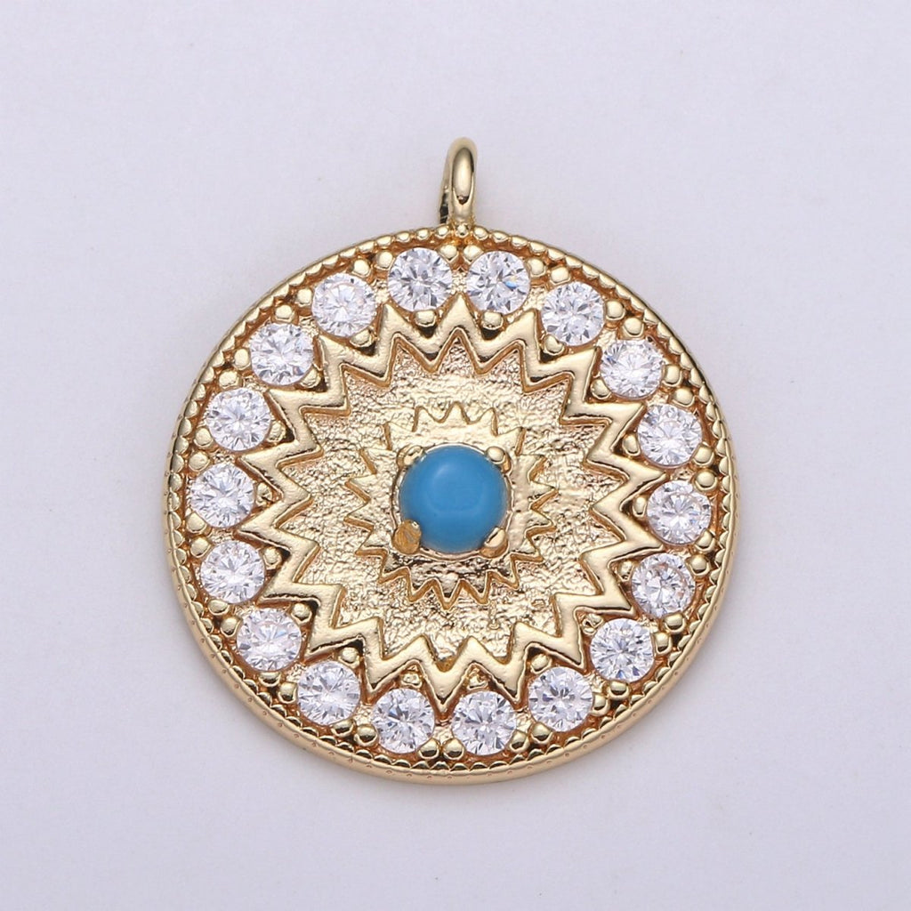 18k Gold plated Round Micro Pave Charm Turquoise Pendant, MoonStone charms for Medallion necklace Component Supply Jewelry Making E-143